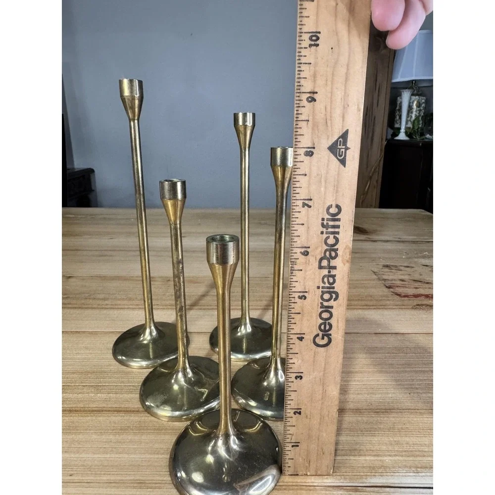 Brass & Copper Collection Cobalt Candlestick‎ Holders Set 5 Gold MCM Vintage